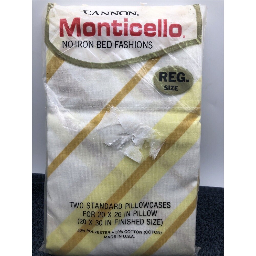 NEW Vtg Cannon Monticello Set 2 regular standard pillowcases Yellow Gold Stripe